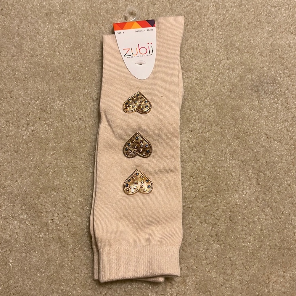 Zubii Cream Color Socks with Golden Hearts and Iridescent Rhinestones Size 6